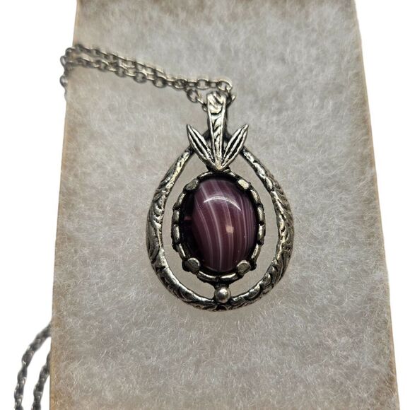 Celtic Purple Agate Pewter Necklace Fillagree Detail - Picture 2 of 6